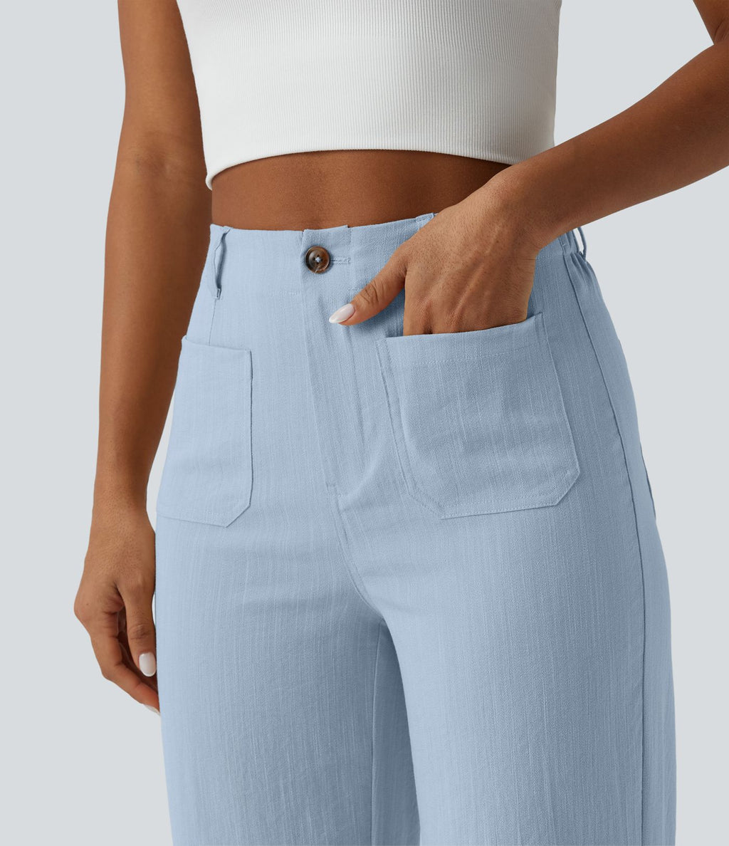 Pantalon taille haute coupe droite effet lin avec poches