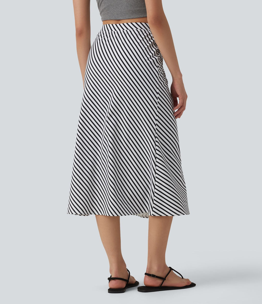 Jupe mi-longue casual à rayures taille haute avec poches