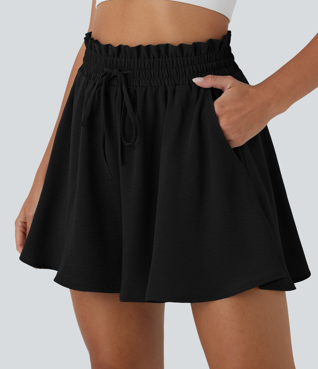 Short large décontracté taille haute façon paperbag avec cordon, poches latérales et aspect lin