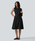 Robe mi-longue évasée de travail col cranté sans manches avec poches