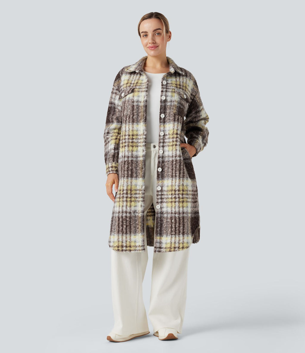 Veste sherpa longue manches longues carreaux avec poches