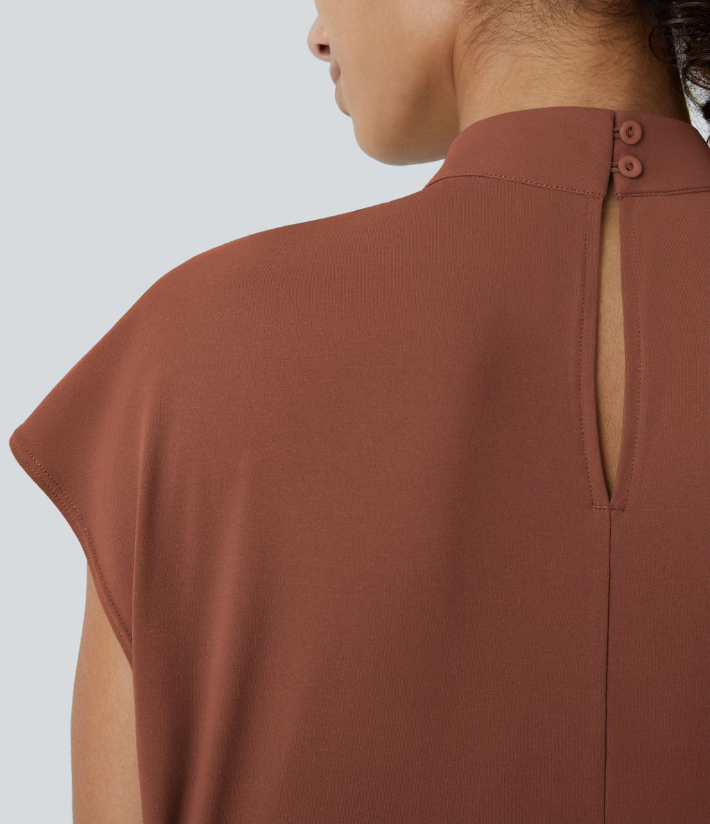 Blouse de Travail à Col Montant Plissée avec Boutons dans le Dos et Manches Courtes