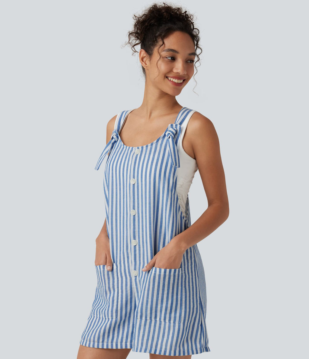 Salopette short casual rayée à toucher lin avec bretelles nouées et poches