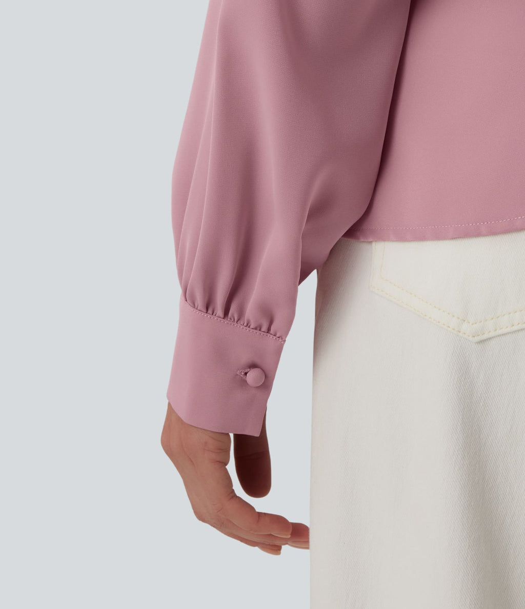 Blouse esprit bureau défroissage facile, col V cache-cœur avec boutons-pression, manches longues et coupe ample