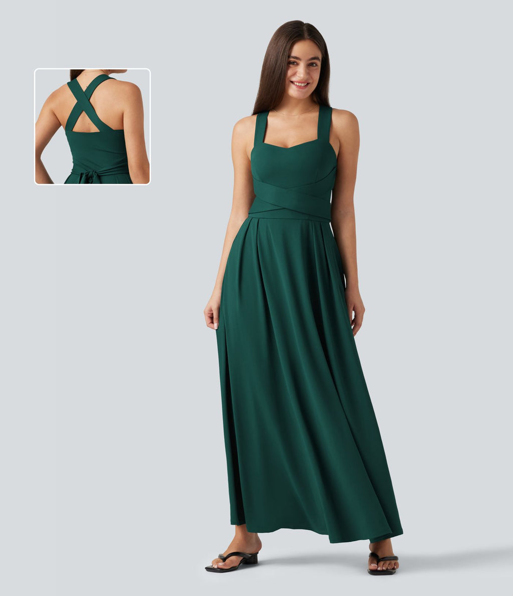Robe longue fluide décontractée sans manches décolleté en cœur bretelles croisées avec lien dans le dos et poches