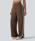 Pantalon large casual color block taille haute à ourlet arrondi avec poches