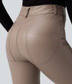 Pantalon polaire simili cuir extensible taille haute avec poches