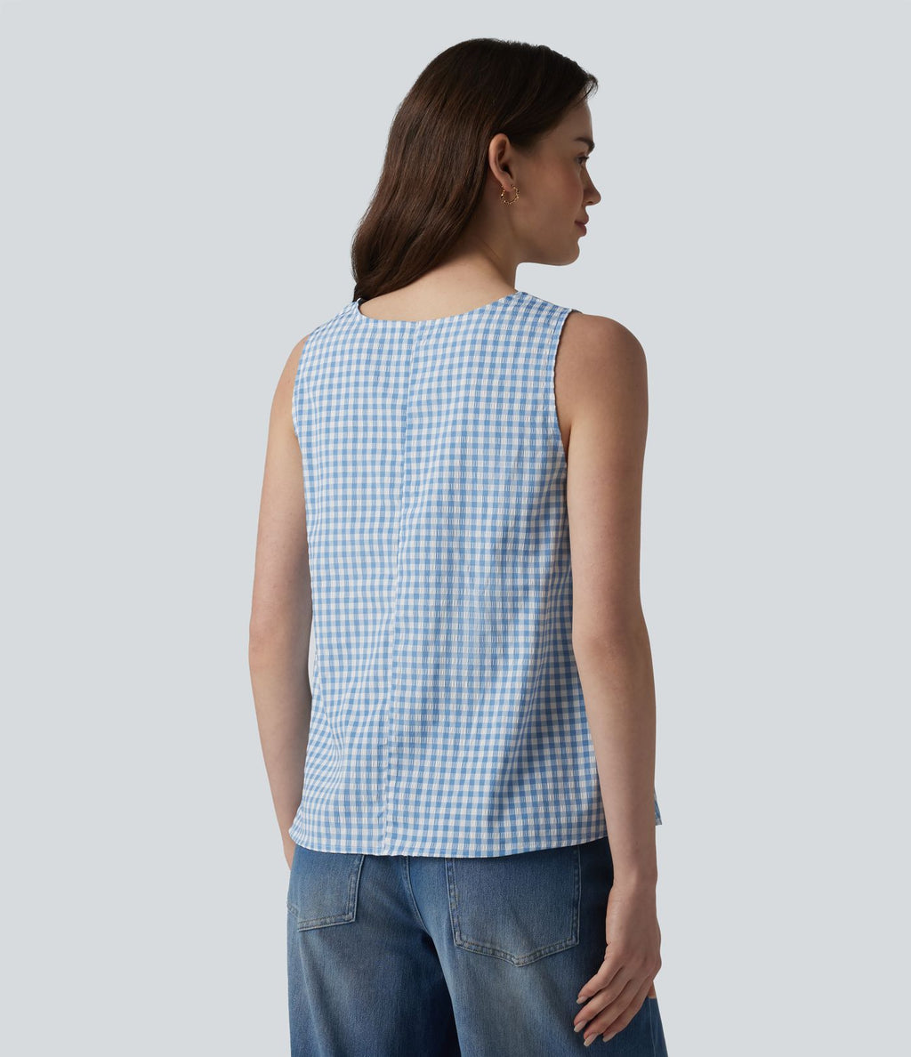 Débardeur casual col rond en vichy froissé avec poches