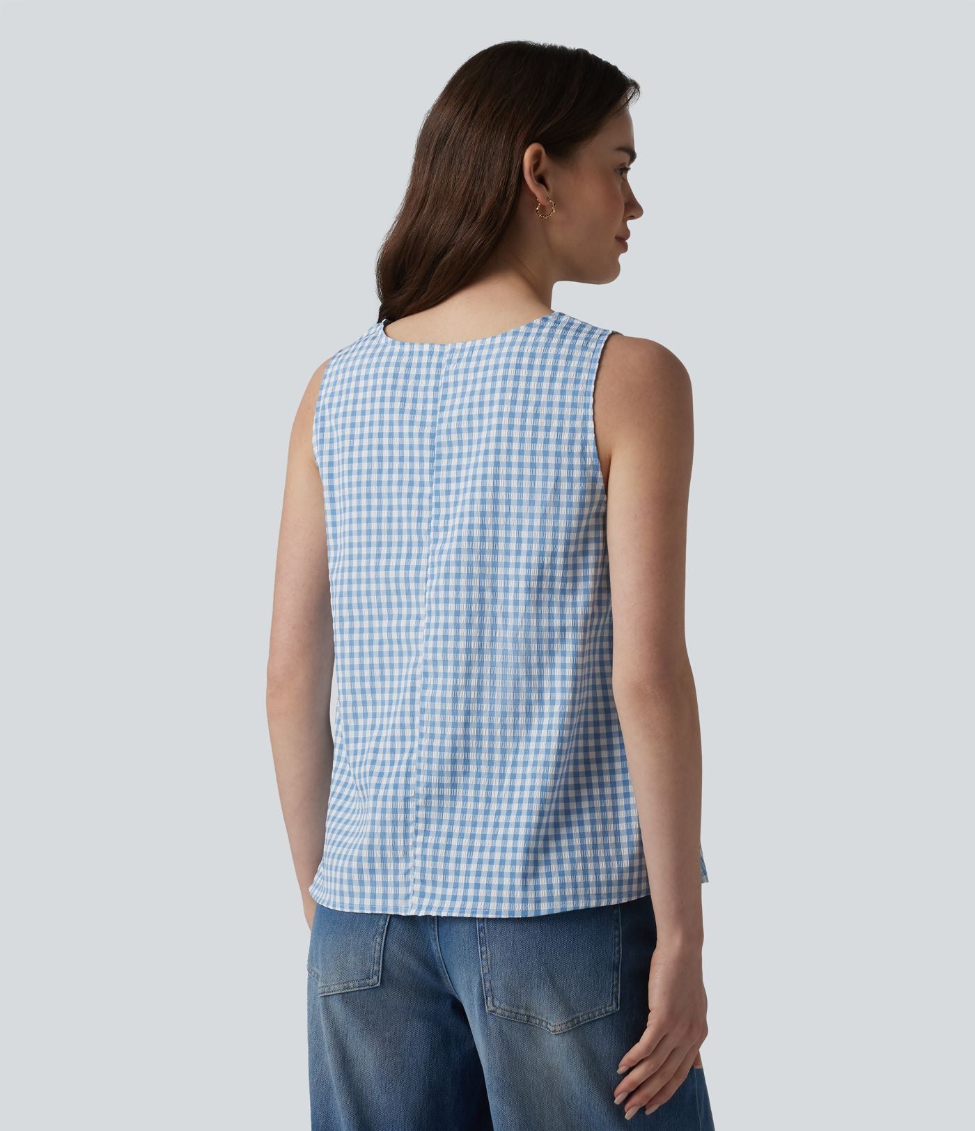 Débardeur casual col rond en vichy froissé avec poches
