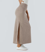 Jupe Casual Maxi à Taille Haute et Ourlet Fendu en A-Line en Côtes