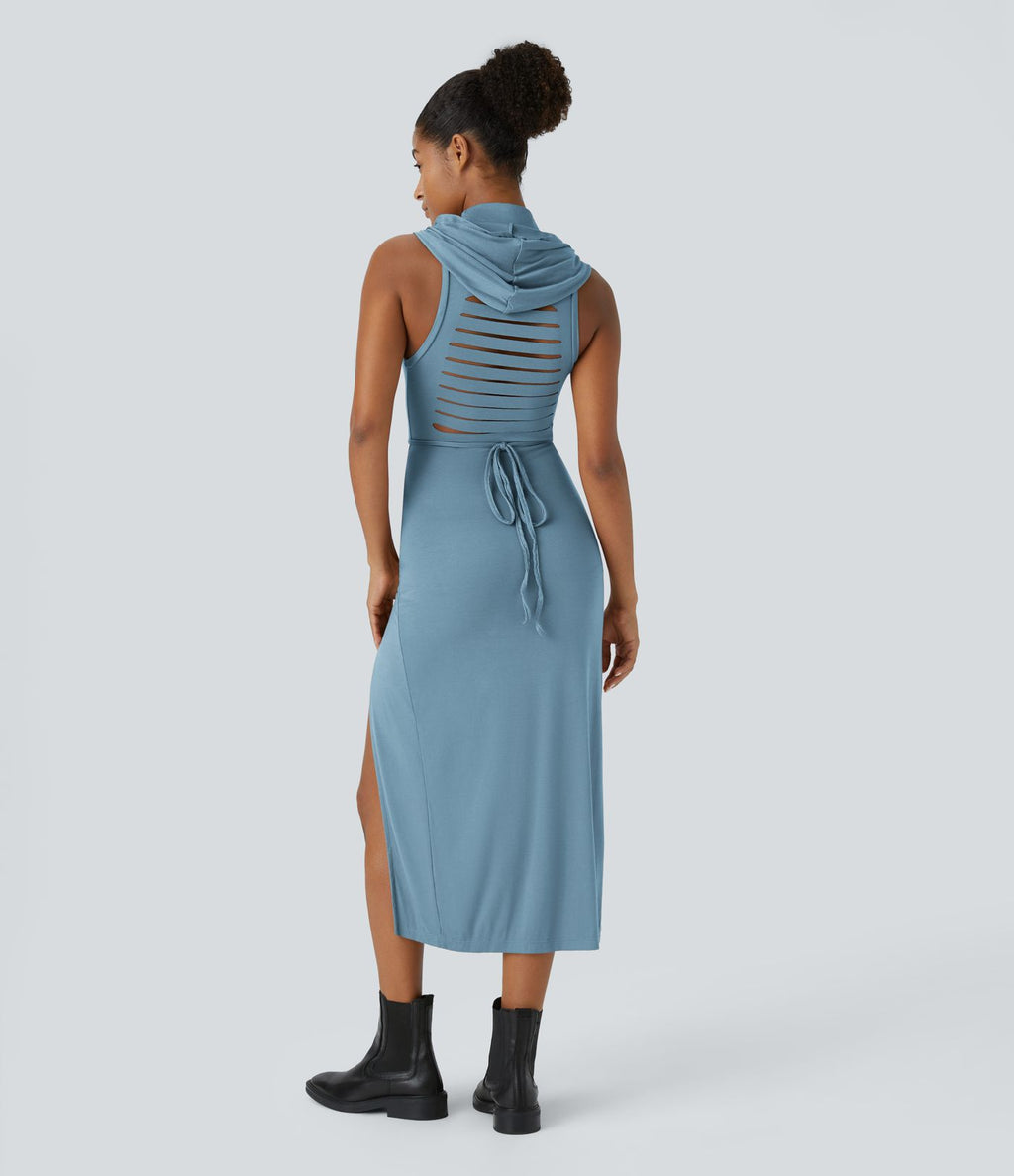 Robe Casual Midi 2 Pièces Capuche Col Montant Sans Manches Fendue avec Découpe Dos Nœud Côtelée