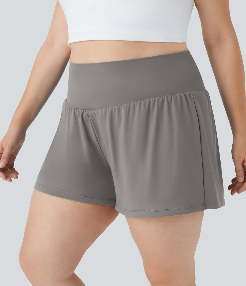 Short Yoga 10cm Plus Longue Taille Ultra Haute 2 en 1 Poche Arrière Poche Cachée Latérale Grande Taille