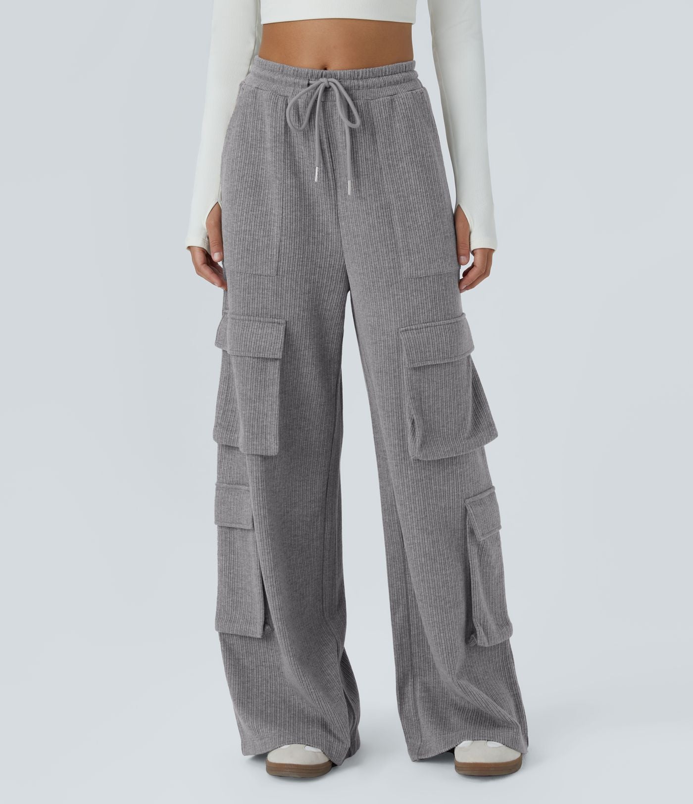 Pantalon cargo décontracté large à cordon côtelé, taille mi-haute, avec poches