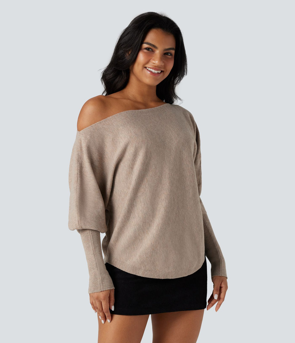 Pull une épaule manches chauve-souris ourlet arrondi