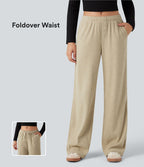 Pantalon large côtelé taille basse pliable avec cordon de serrage et poches