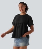 T-shirt décontracté col rond manches courtes ourlet à volants aspect lin