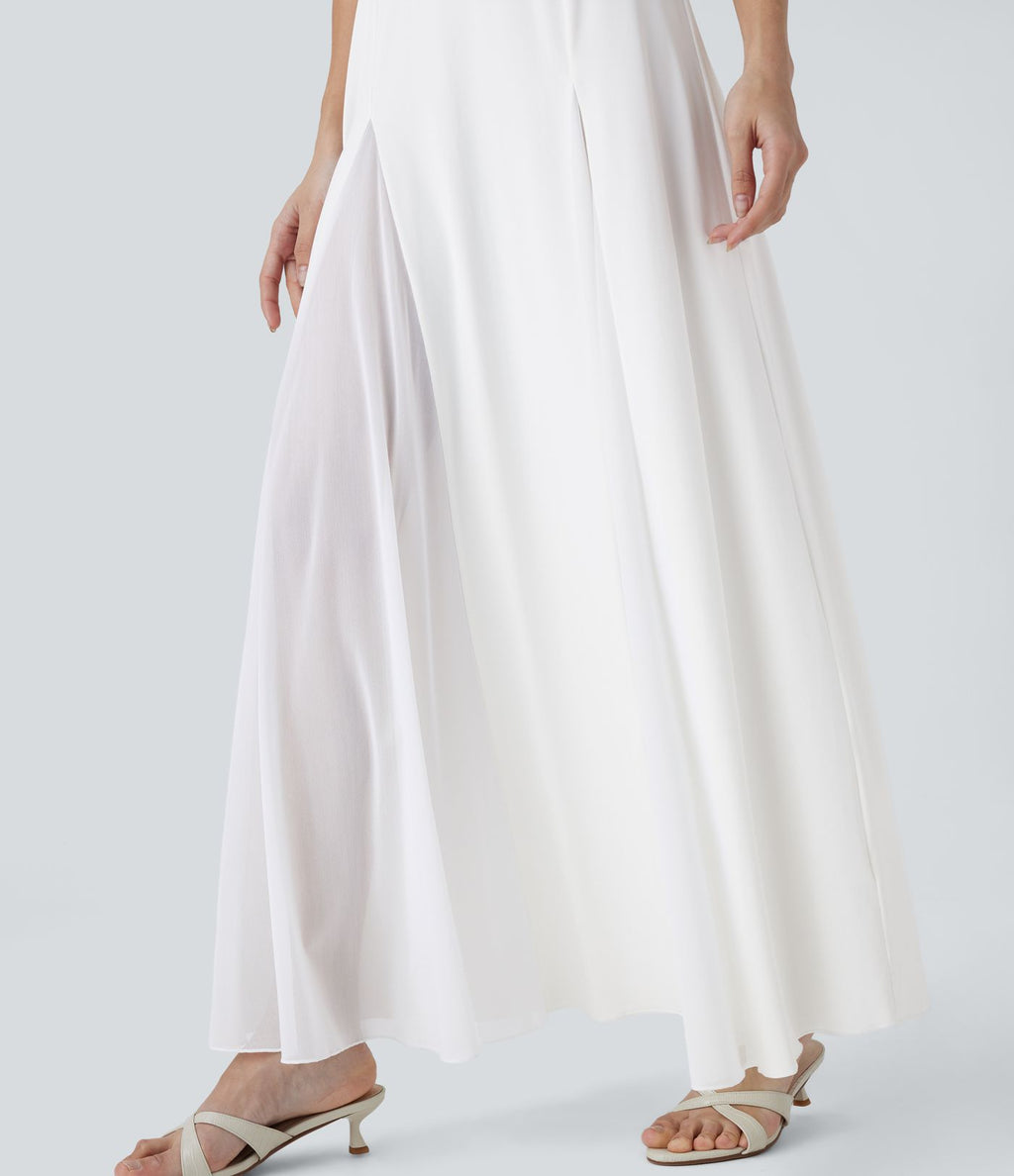 Robe longue fluide à bretelles ajustables avec maille contrastée pour demoiselle d'honneur et invitée de mariage