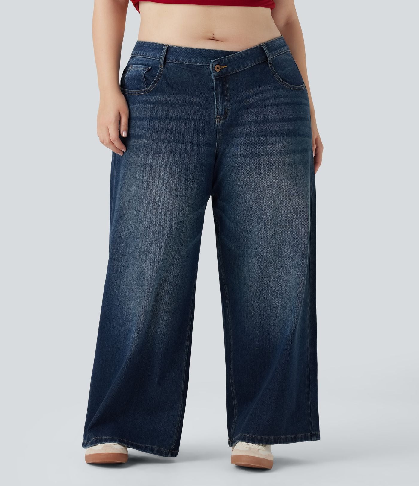 Jean décontracté grande taille Halara Flex™ asymétrique taille basse jambes larges effet délavé avec poches