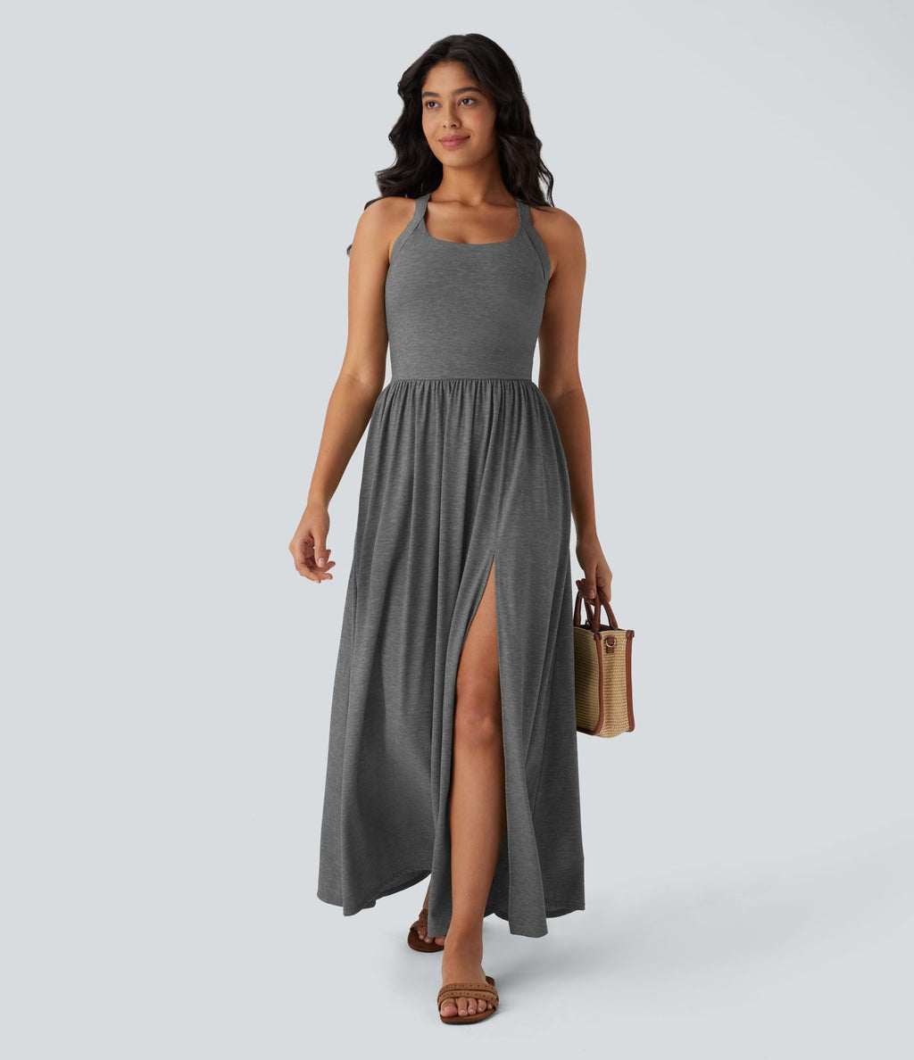 Robe longue fluide fendue avec poches latérales, dos nu et effet torsadé