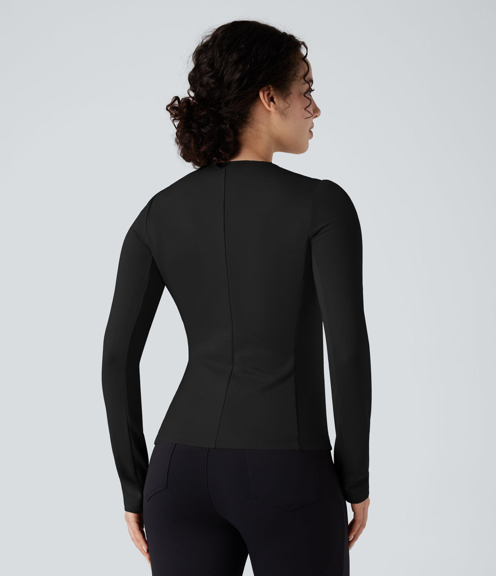Blazer de travail col rond froncé zippé à manches longues