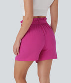 Short tailleur casual coton taille haute paper bag avec nœud devant et poches