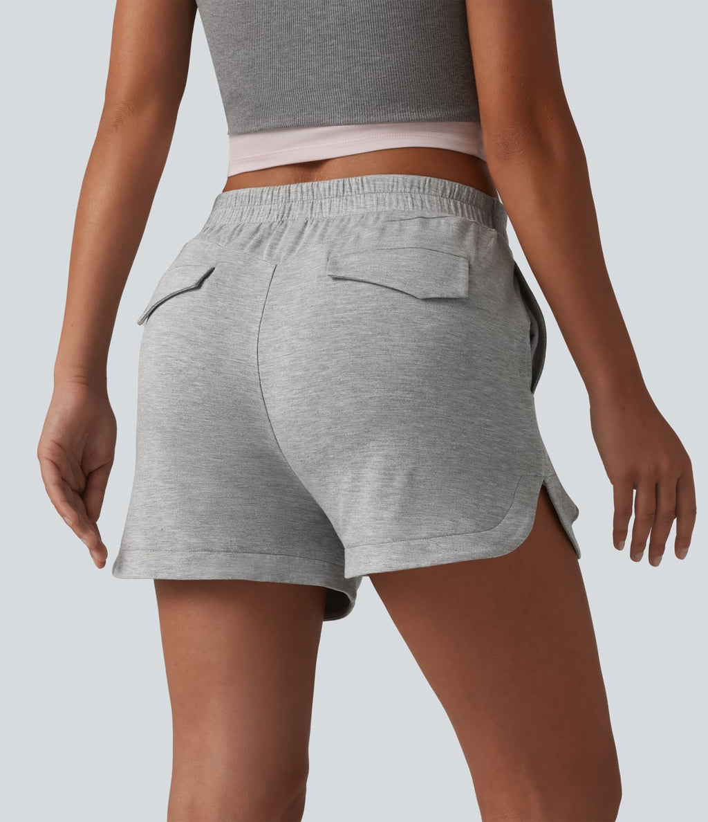 Short casual taille mi-haute à plis piqués, ourlet arrondi et poches, 7,5 cm
