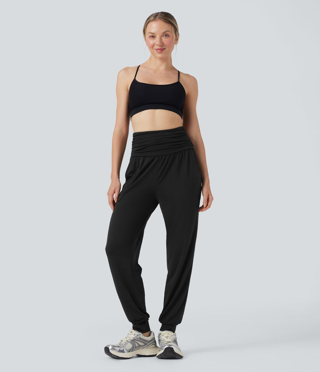Jogging taille haute froncé chiné avec poches