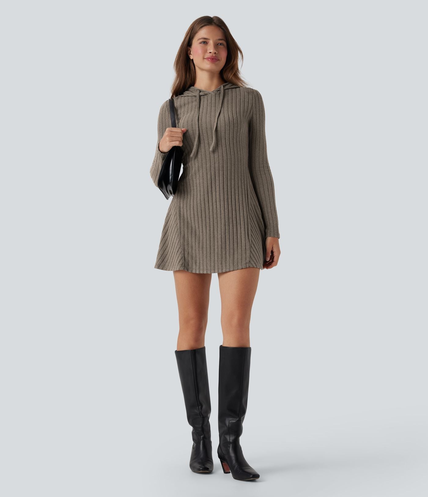 Robe décontractée mini à capuche maille côtelée manches longues avec cordon de serrage