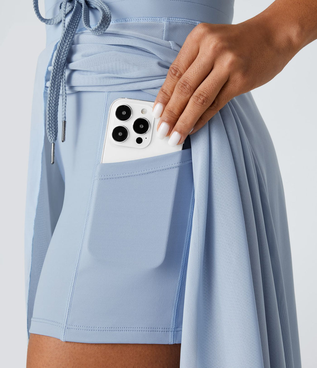 Jupe Casual Évasée Mesh Mi-Longue Fuide 2 en 1 Contrastée Taille Haute Cordon Poche Latérale