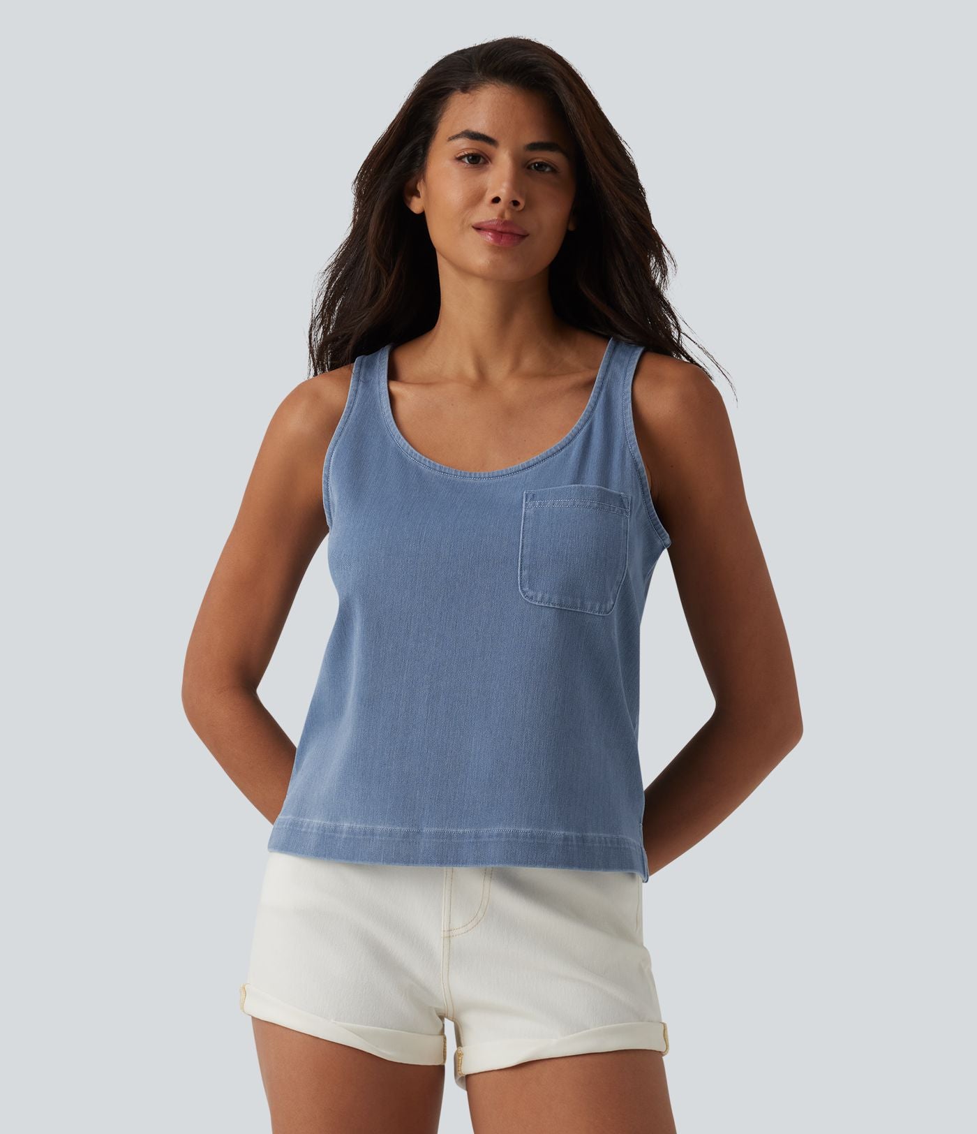 Débardeur décontracté en denim à col rond Halara Flex™ avec poche