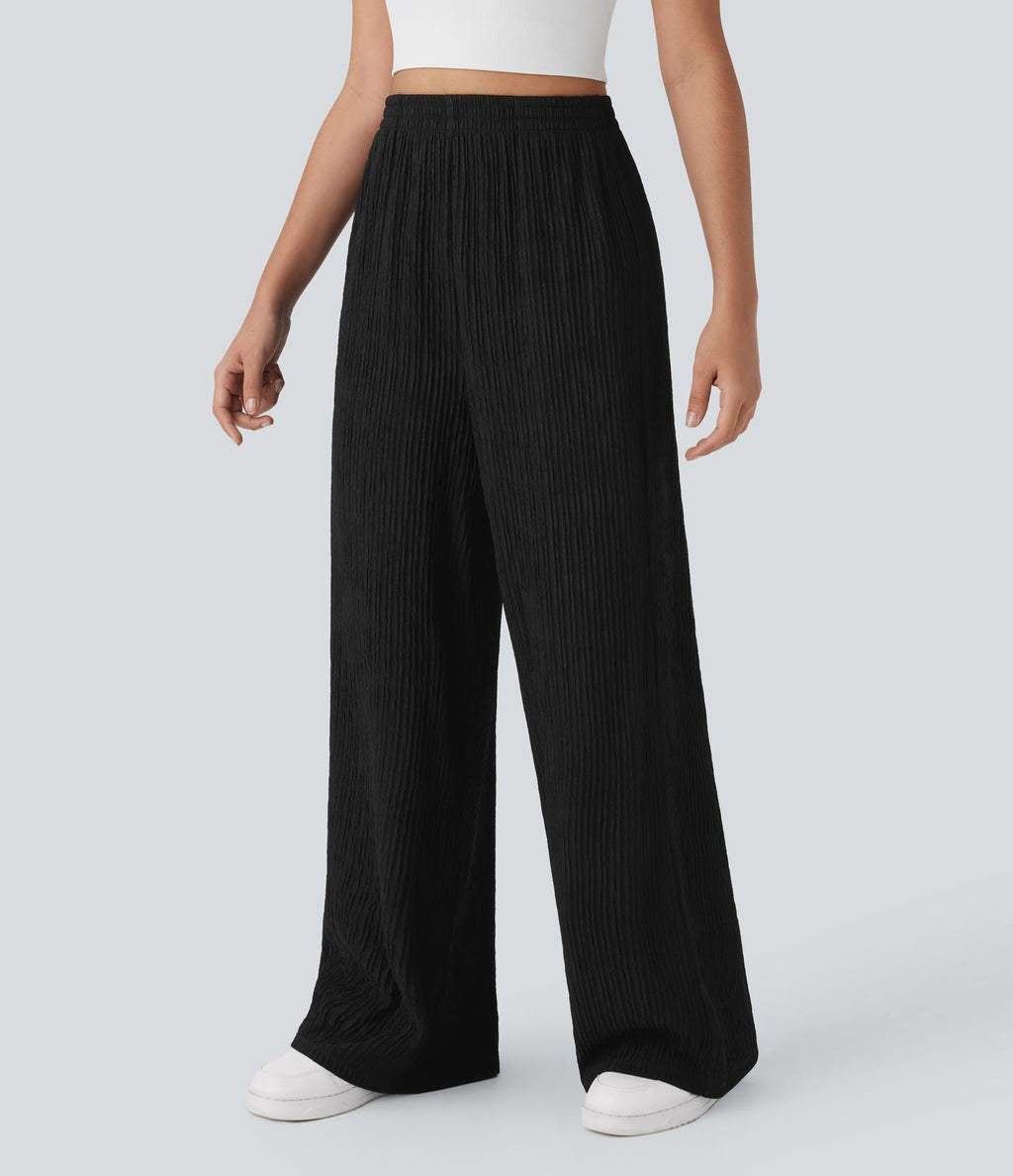 Pantalon tailleur décontracté à taille haute, jambes droites, texture froissée et poches latérales