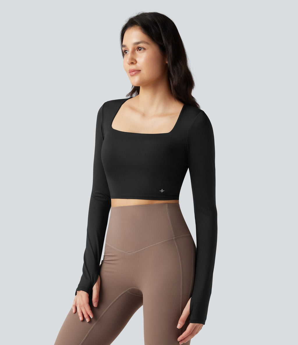 Haut de sport yoga court SoftlyZero™ Airy dos nu croisé col carré effet frais InstantCool manches longues avec passe-pouces, protection solaire UPF50+