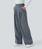 Pantalon taille haute décontracté large à carreaux, avec poches