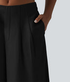 Pantalon large fluide taille haute en lin mélangé avec poches et liens latéraux