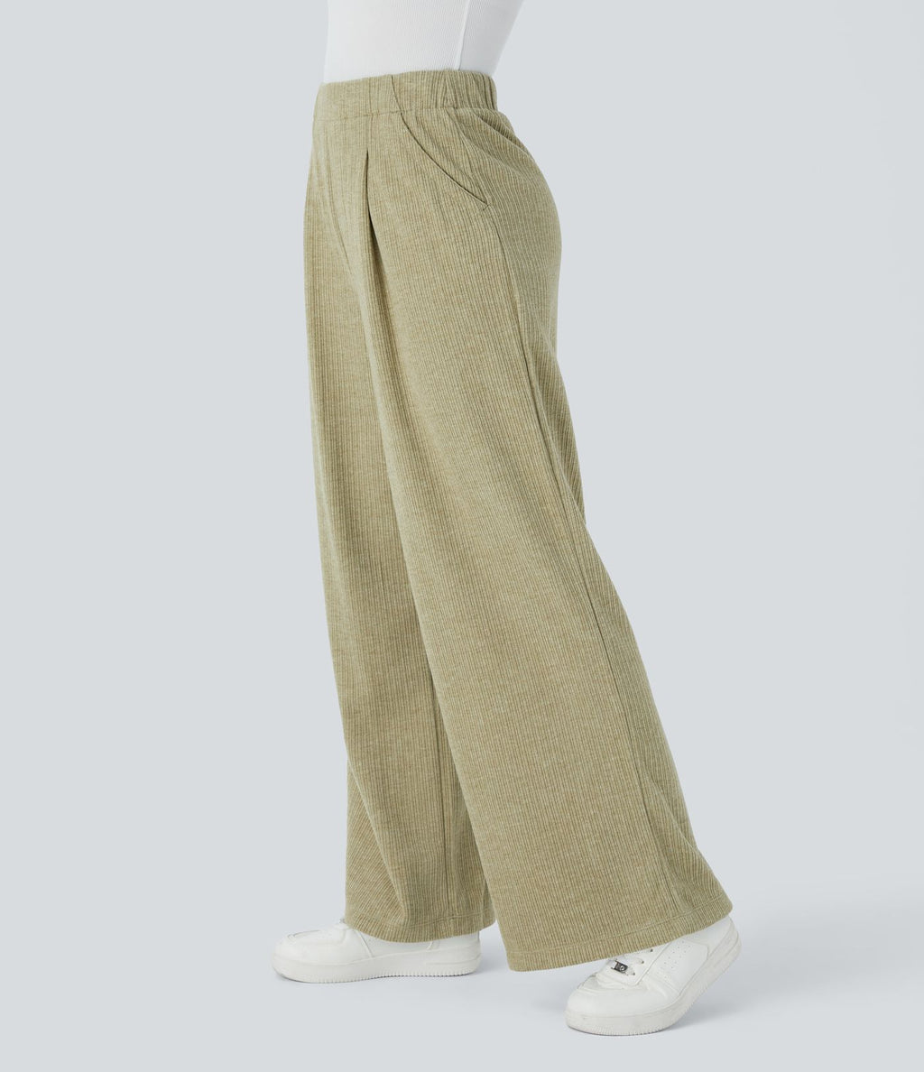 Pantalon décontracté large côtelé, taille haute, avec poches