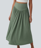 Jupe midi fluide casual taille haute ventre plat en maille côtelée mélange lin