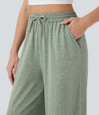 Pantalon large décontracté taille haute avec cordon de serrage et poches latérales