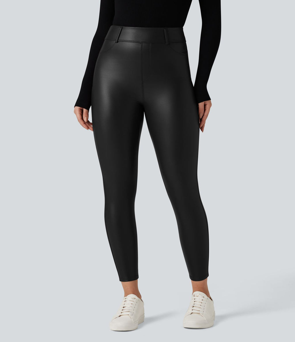 Pantalon polaire simili cuir extensible taille haute avec poches