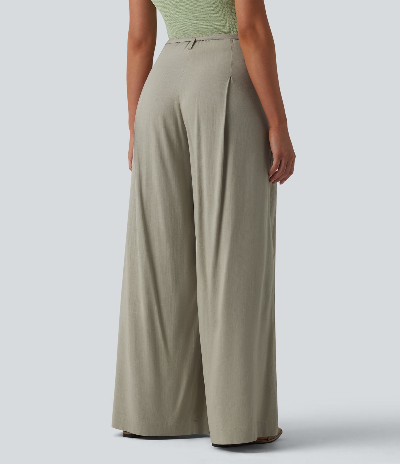 Pantalon large fluide taille mi-haute aspect lin avec ceinture et poches