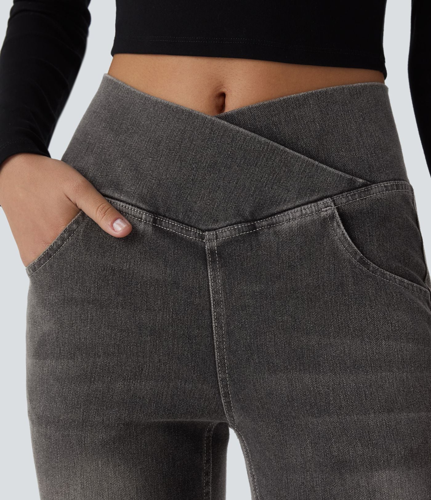 Halara Flex™ Jean Évasé à Taille Haute avec Poche Crossover Tissu Élastique Lavé