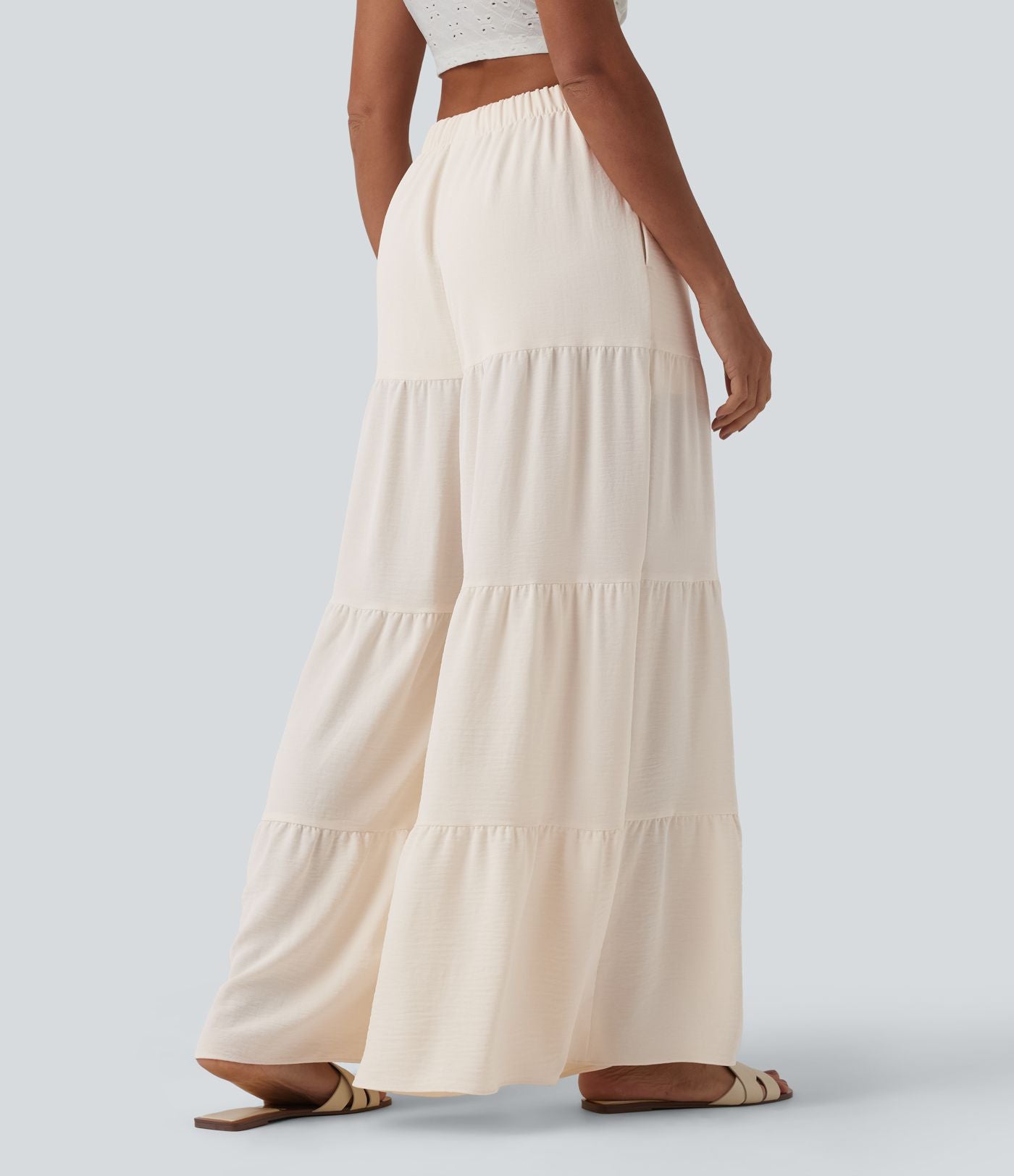 Pantalon large fluide taille haute aspect lin avec poches
