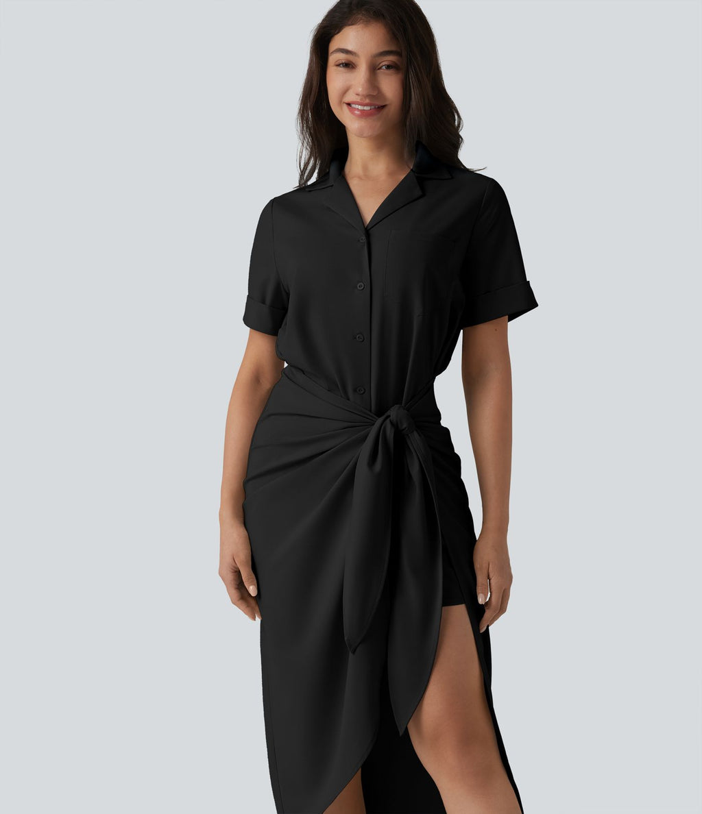 Robe-chemise casual midi en mousseline infroissable manches courtes portefeuille avec nœud frontal et poche