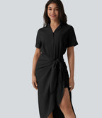 Robe-chemise casual midi en mousseline infroissable manches courtes portefeuille avec nœud frontal et poche