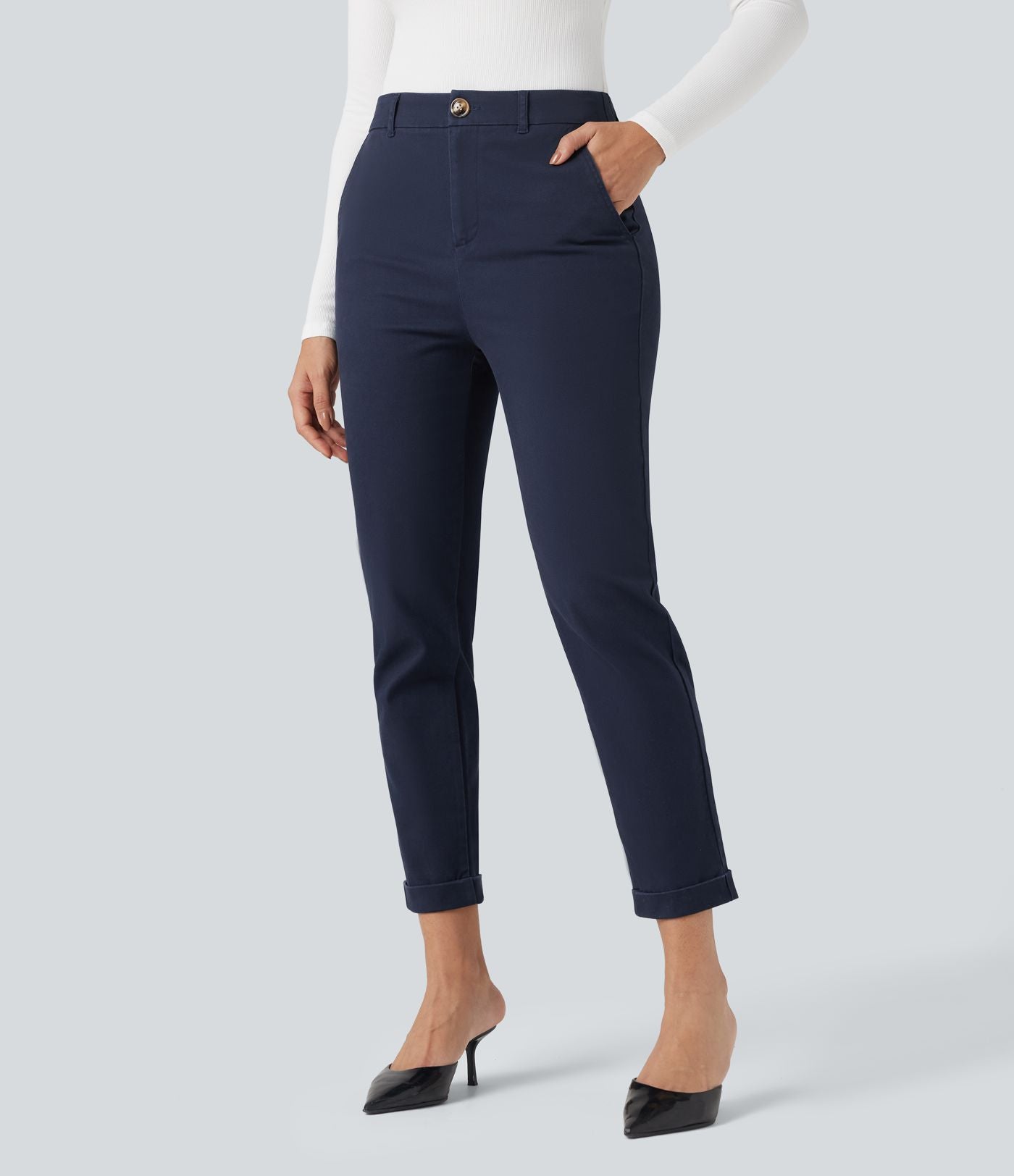 Pantalon coton 7/8 coupe ajustée taille mi-haute avec poches