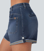 Short décontracté en jean extensible délavé Halara Flex™ taille moyenne avec revers et poches avant