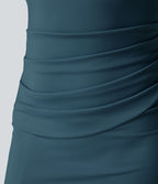 Robe corset midi moulante ruchée à encolure carrée, dos nu, brassière intégrée