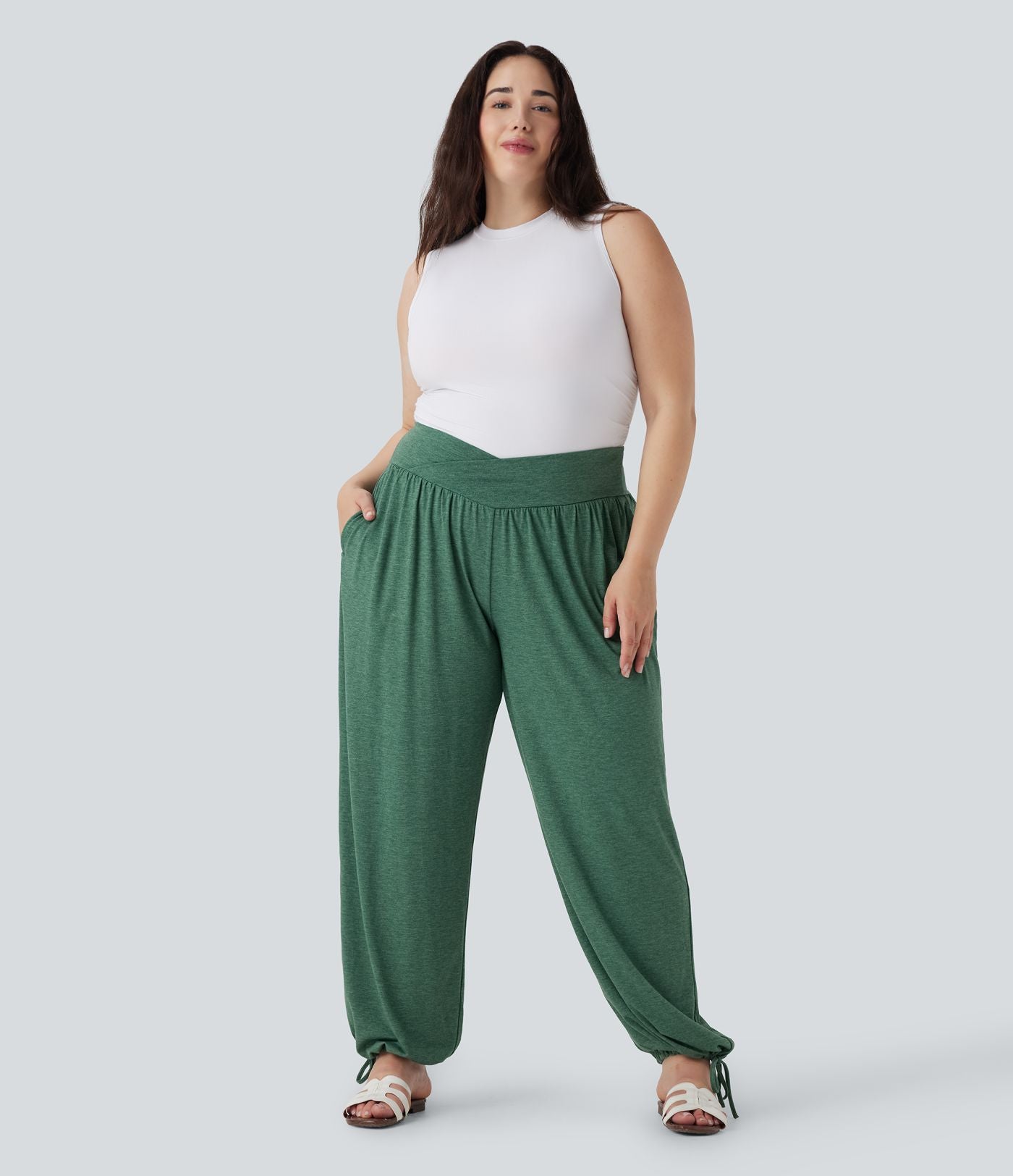 Jogging décontracté grande taille taille haute croisé à cordon avec poches latérales