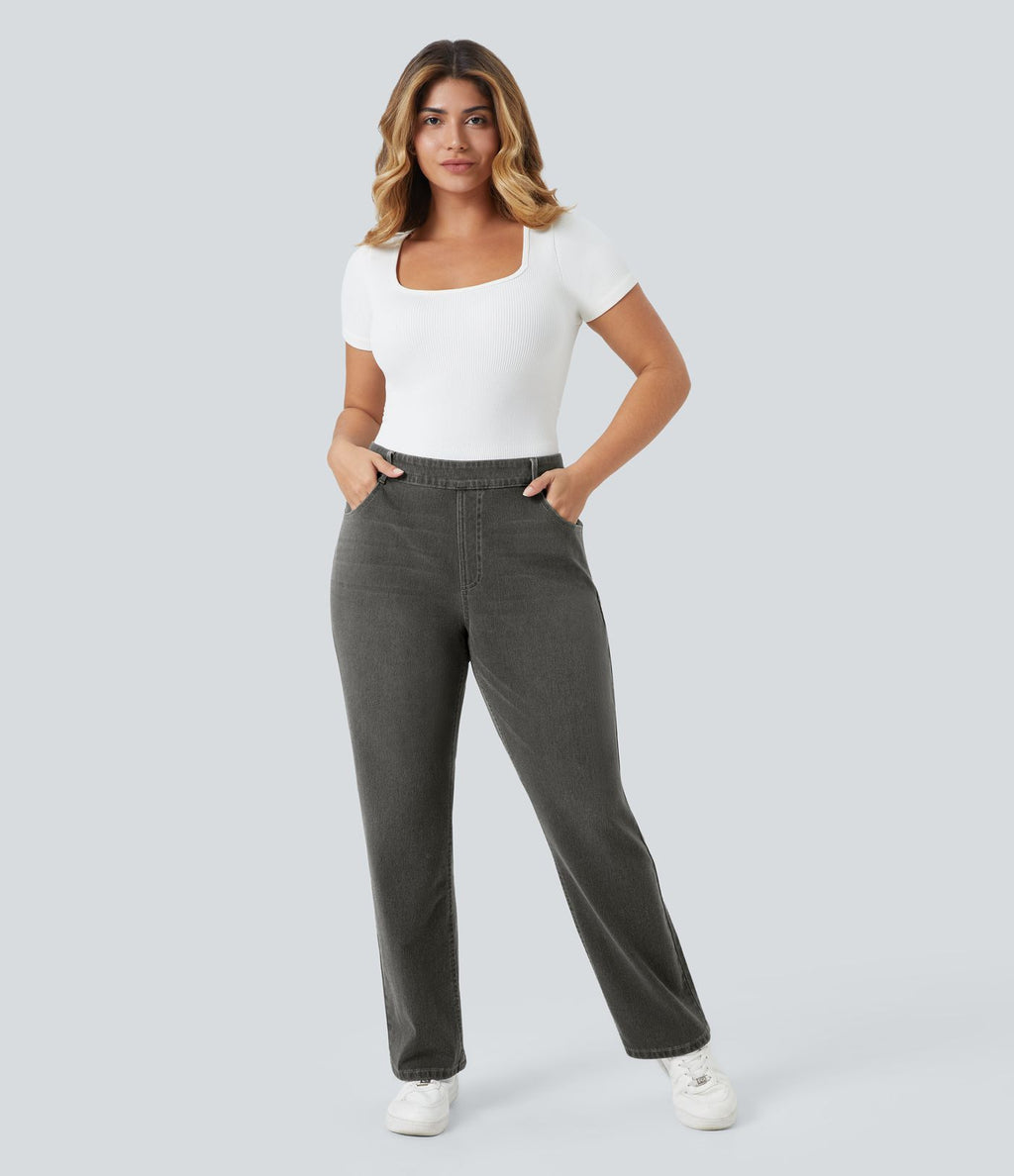 Jean décontracté Halara Flex™ grande taille, taille haute, multiples poches, jambes droites, effet délavé, en maille extensible