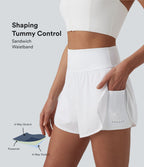 Short yoga 2-en-1 gainant taille haute à pois réfléchissants, ourlet arrondi croisé et œillets avec poches