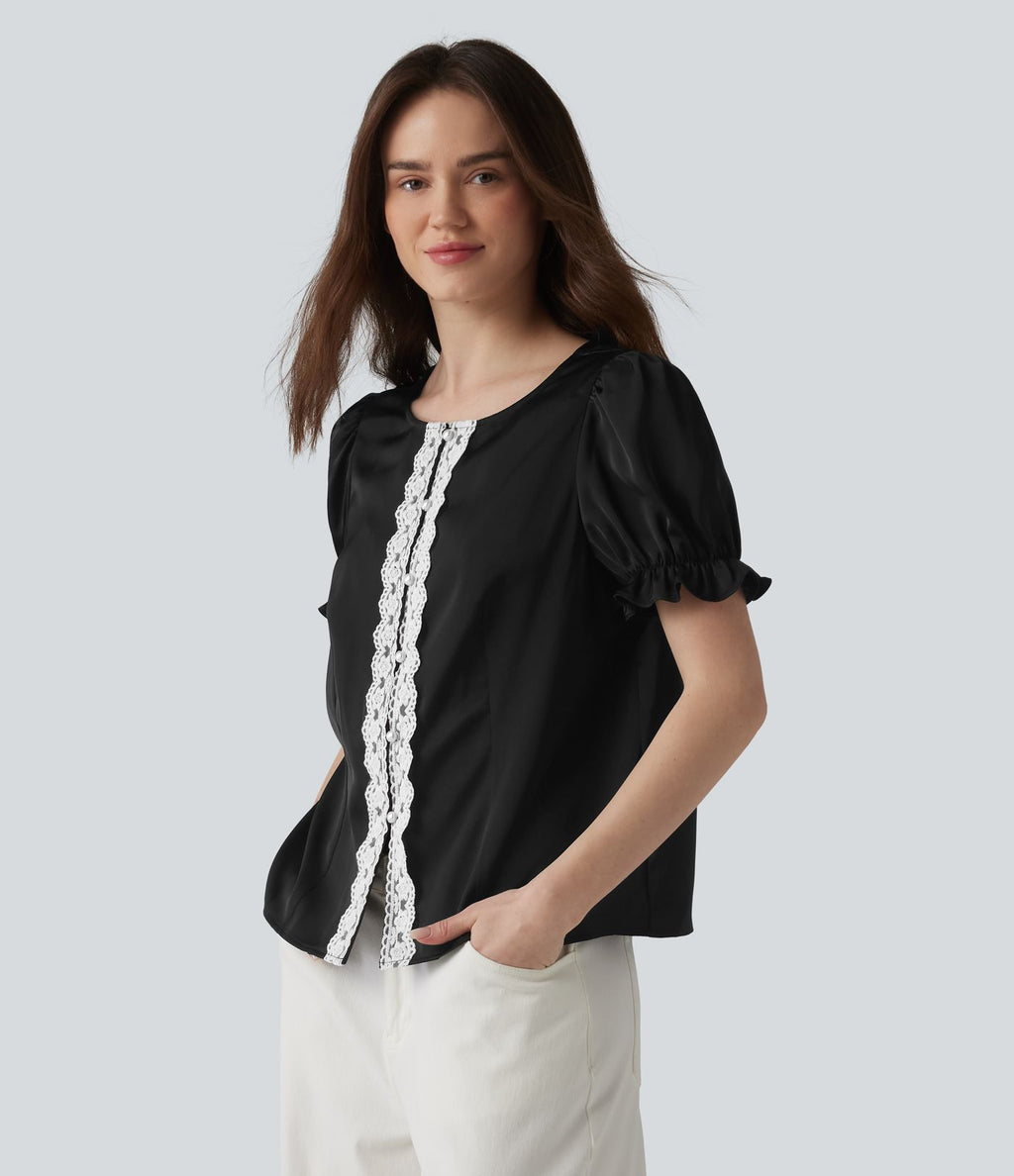 Blouse décontractée col rond manches bouffantes courtes avec dentelle contrastée